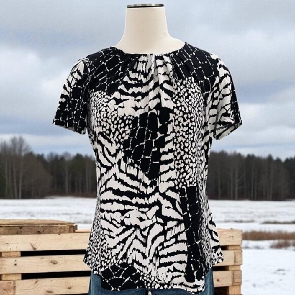 Calvin Klein Womens Black White Pink Abstract Print Short Sleeve Blouse SZ‎ M